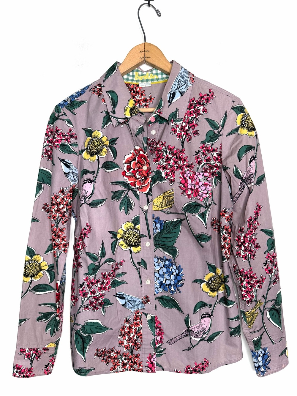 Boden Lilac Floral Button-Down Shirt Multicolor Blooms and Birds Size 10